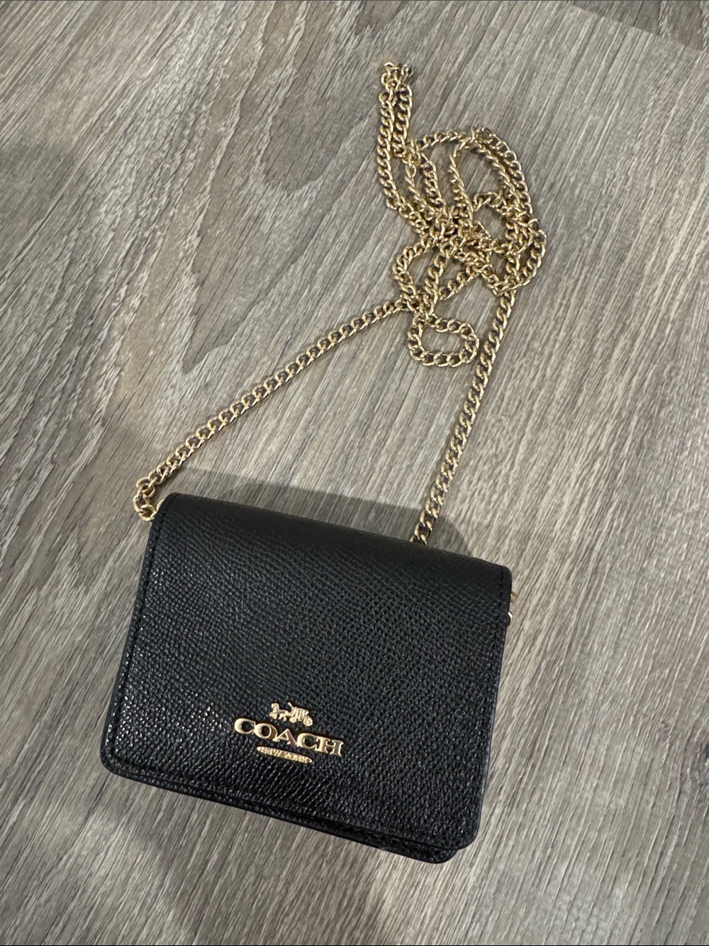 Coach Black Pebbled Leather Mini Shoulder Wallet with Gold Chain